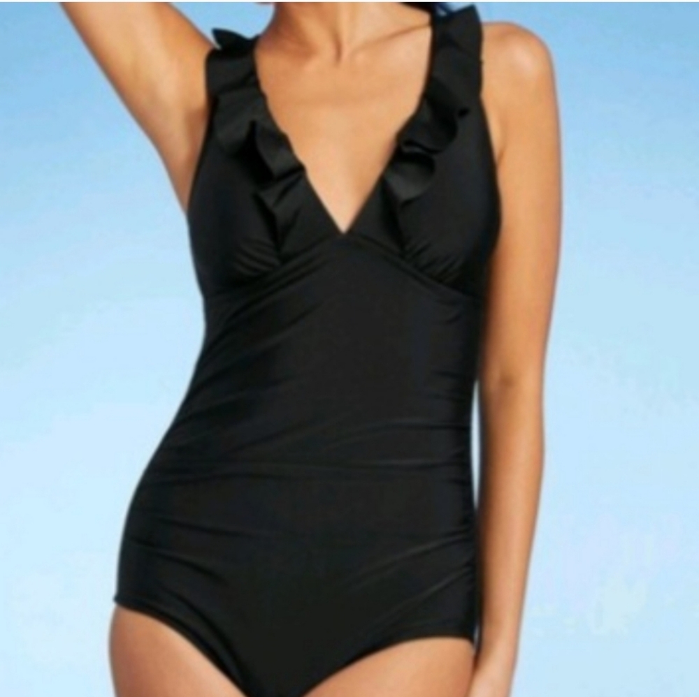 KONA SOL Black One-Piece Ruffle Swimsuit Size Small - Picture 2 of 6